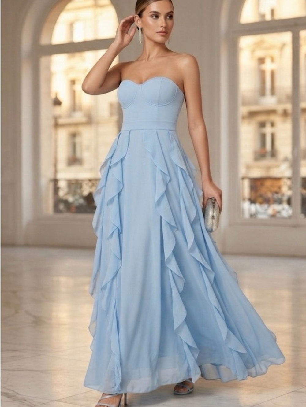 Fashion Nova Blue Ruffled Strapless Gown